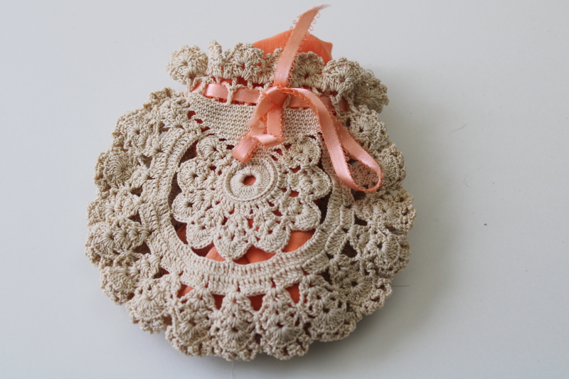 vintage crochet lace purse, tiny drawstring bag w/ coral ribbon, brides wedding day hanky
