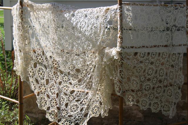 vintage crochet lace tablecloth, cobwebs lace square table cover or bedspread
