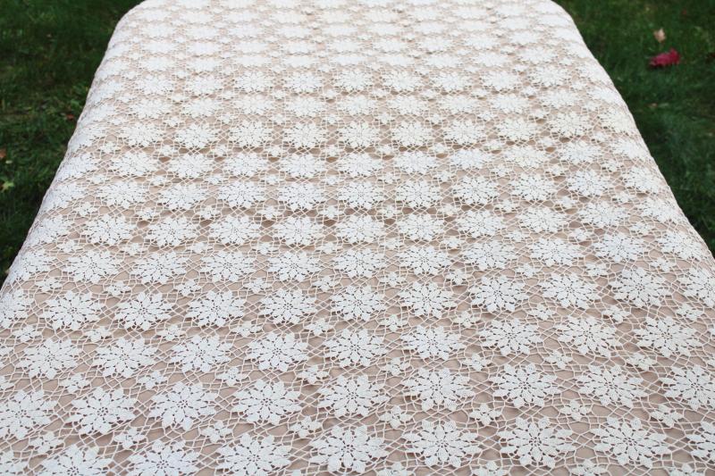 vintage crochet lace tablecloth, handmade table cover lacy flower or snowflake motifs
