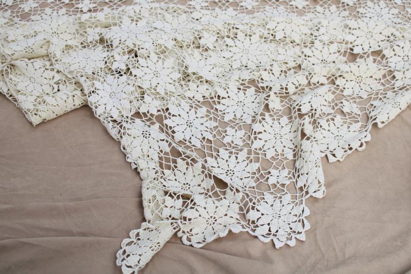 vintage crochet lace tablecloth, handmade table cover lacy flower or snowflake motifs