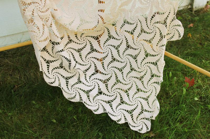 vintage crochet lace tablecloth, lacy pinwheels shabby chic cottage decor