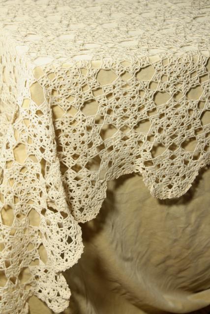 vintage crochet lace tablecloth, shabby chic lacy spider web round doily motifs