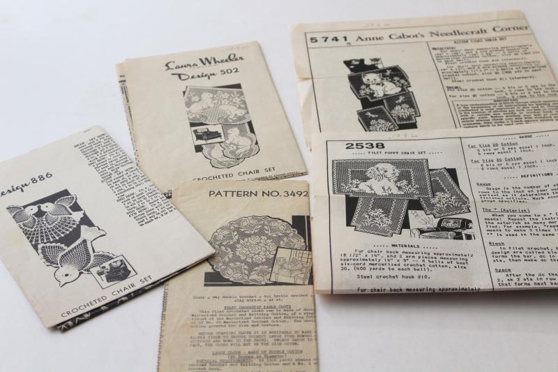 vintage crochet pattern leaflets, filet lace chair sets w/ puppies, kittens & birds
