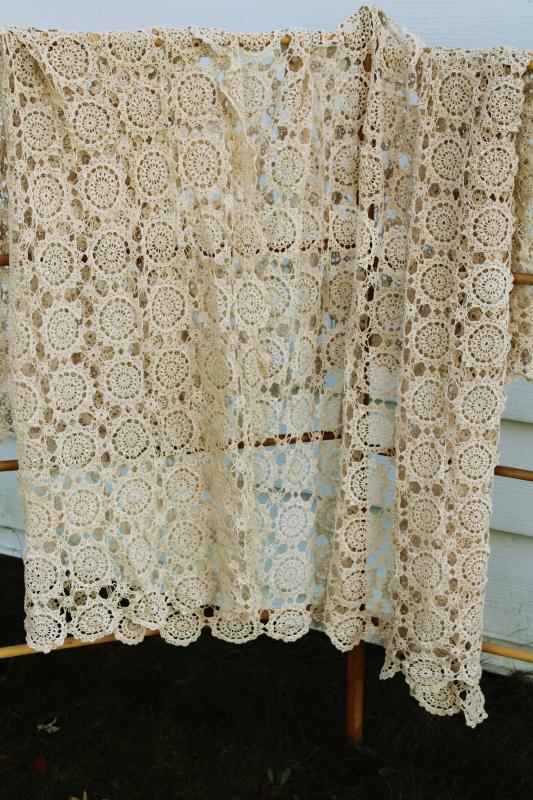 vintage crochet tablecloth, handmade ecru cotton lace, modern farmhouse shabby chic