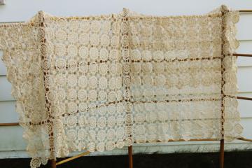 vintage crochet tablecloth, handmade ecru cotton lace, modern farmhouse shabby chic