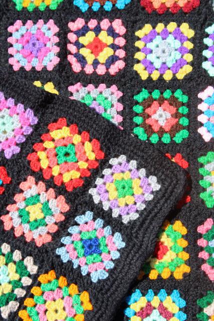 vintage crochet wool afghan blanket, black w/ bright colors granny squares