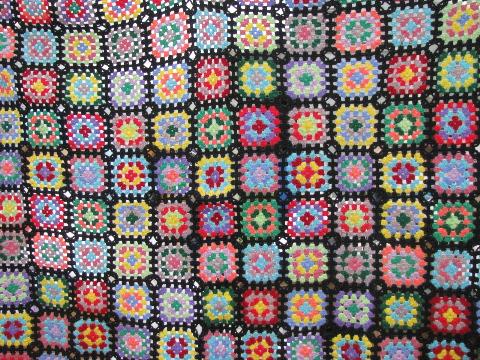 vintage crochet wool granny square afghan, black w/ bright colors
