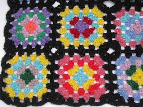 vintage crochet wool granny square afghan, black w/ bright colors