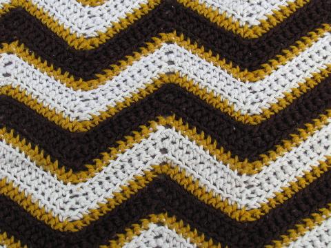 vintage crocheted afghan, stripes in fall colors, brown & gold on cream