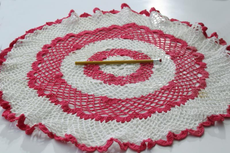 vintage crocheted doilies, colored cotton thread crochet doily lot, pink & red roses