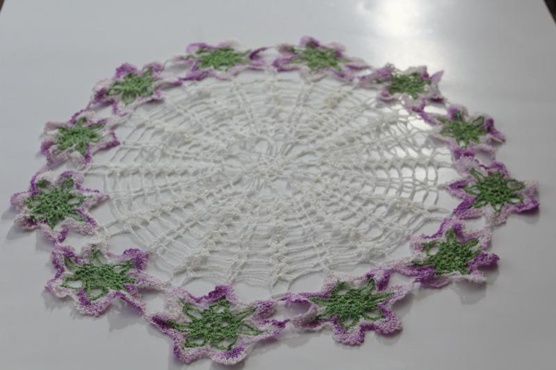 vintage crocheted doilies, colored cotton thread crochet doily lot, pink & red roses