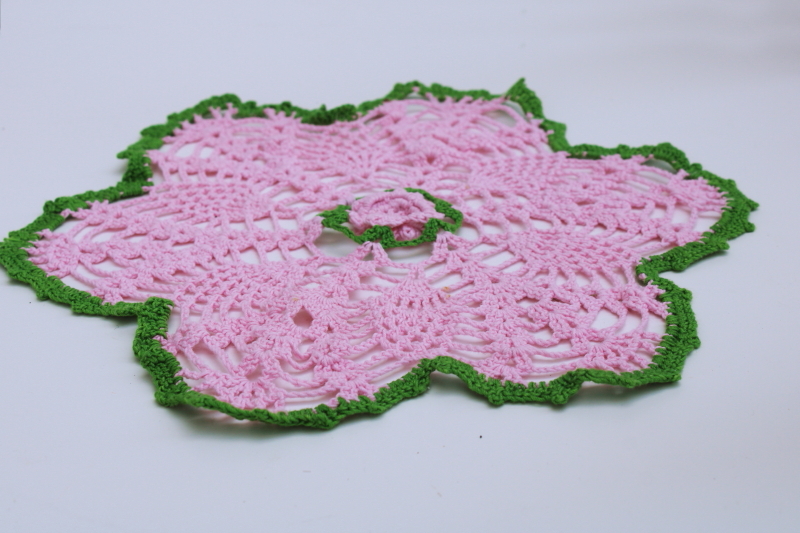 vintage crocheted doily, pink green flower crochet, girly boho retro cottage decor