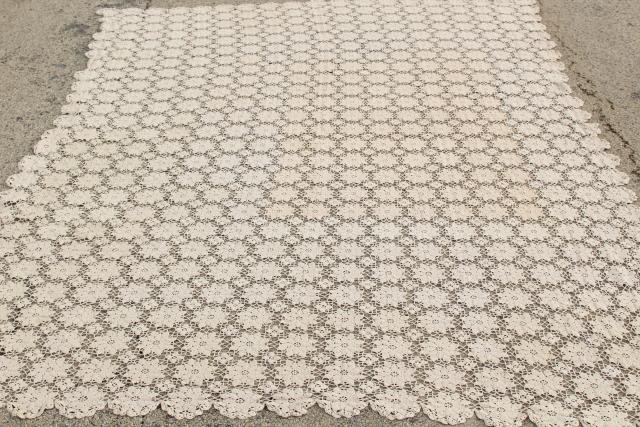 vintage crocheted lace bedspread, ecru cotton crochet flower motifs ,shabby chic cottage style
