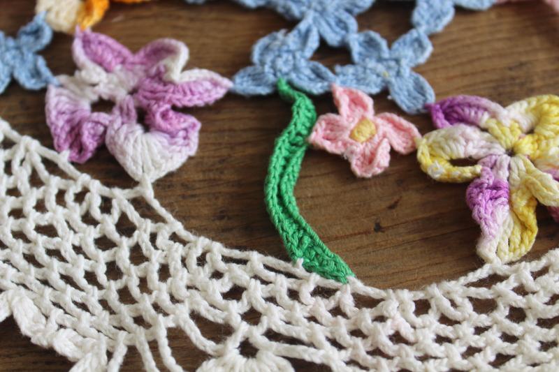 vintage crocheted lace doily, colored crochet cotton flowers spring table centerpiece