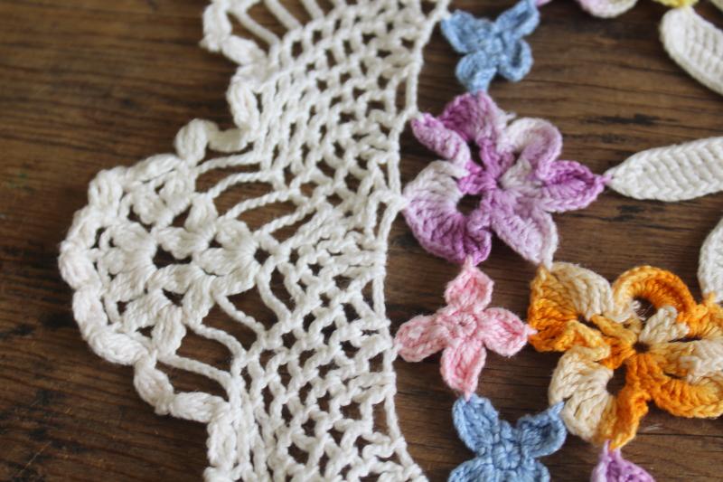 vintage crocheted lace doily, colored crochet cotton flowers spring table centerpiece