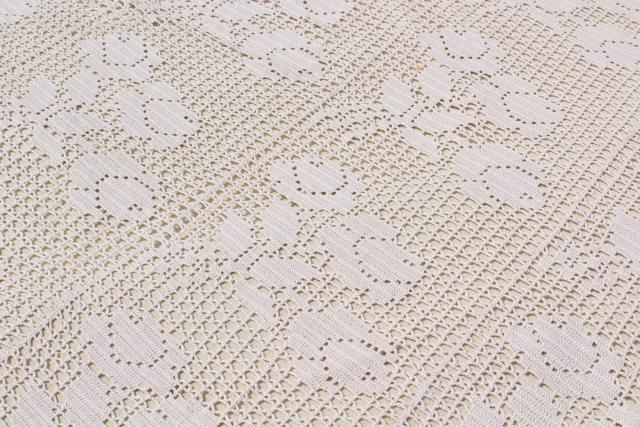 vintage crocheted lace tablecloth, handmade filet crochet roses in ecru cotton thread