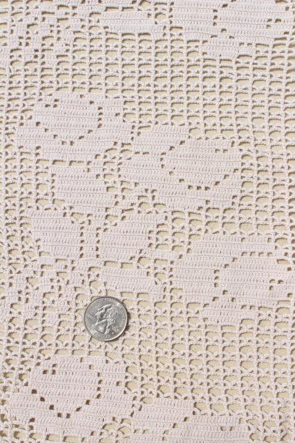vintage crocheted lace tablecloth, handmade filet crochet roses in ecru cotton thread