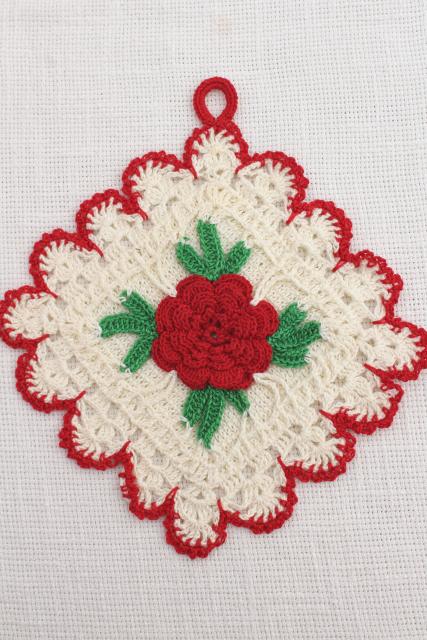 vintage crocheted pot holders, white crochet lace w/ red roses and green leaves