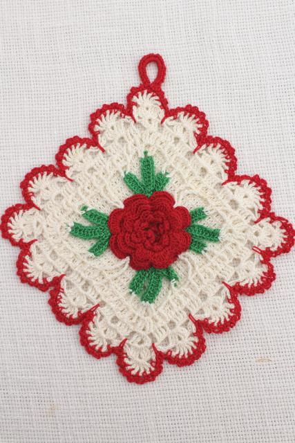 vintage crocheted pot holders, white crochet lace w/ red roses and green leaves
