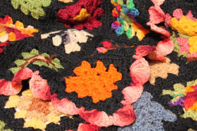 vintage crocheted wool afghan blanket, black w/ bright colors granny squares crochet