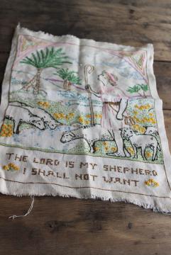 vintage cross stitch embroidered linen motto sampler The Lord is my Shepherd Psalm 23