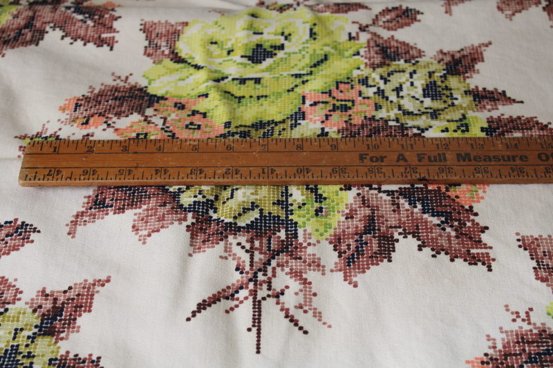 vintage cross stitch print floral cotton upholstery fabric, brown, blush pink, green on cream