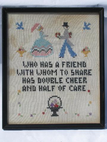 vintage cross-stitch embroidered motto, framed sampler picture, a friend -