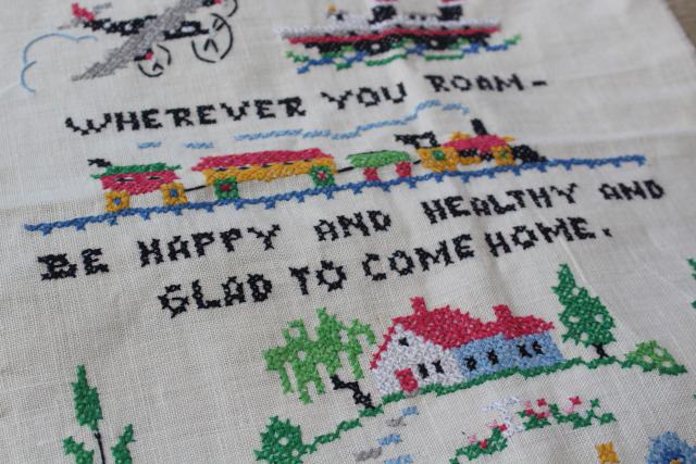 vintage cross-stitch embroidered sampler, motto Wander world but come home