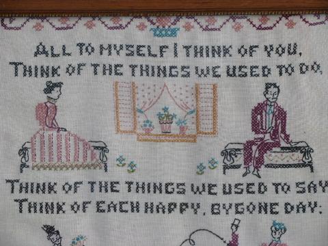 vintage cross-stitch embroidered sampler, these happy golden years motto