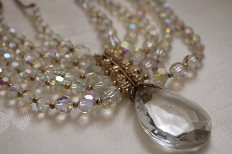 vintage crystal aurora borealis glass bead bib choker faceted prisms w/ large teardrop