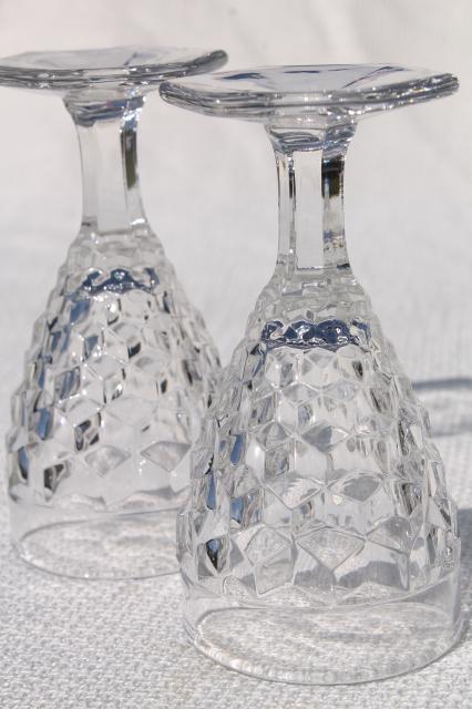 vintage crystal clear Fostoria wine glasses, American cube pattern w/ hexagonal foot