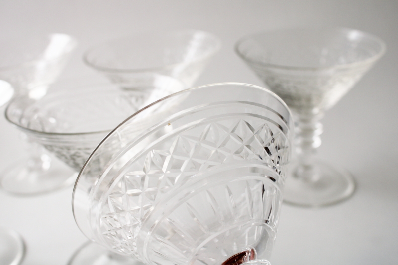 vintage crystal clear cut glass cocktail glasses, crisscross band knobby stems