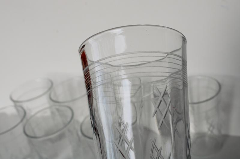 vintage crystal clear depression glass tumblers, panel optic w/ cross hatch etched pattern