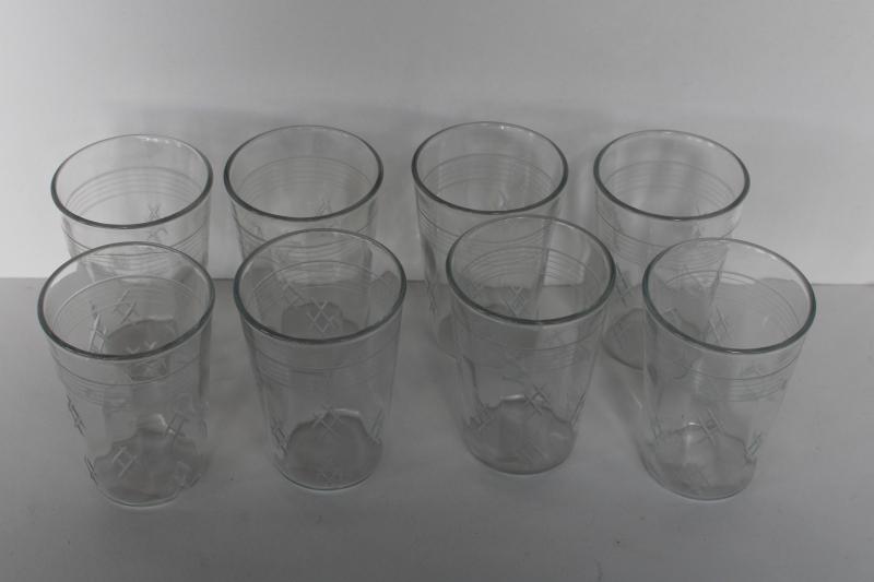 vintage crystal clear depression glass tumblers, panel optic w/ cross hatch etched pattern