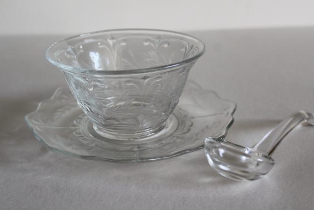 vintage crystal clear elegant cut glass mayo set, mayonnaise bowl, underplate, ladle
