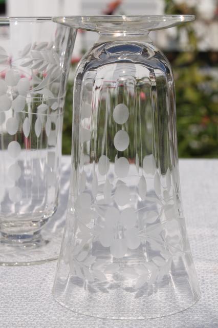 vintage crystal clear etched cut glass footed tumblers, 8 iced tea glasses paneled optic floral