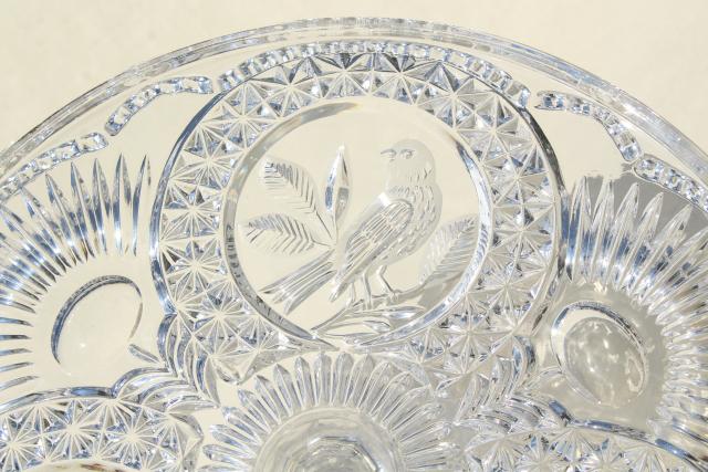 vintage crystal clear glass cake stand, Hofbauer Byrdes cut birds bird pattern
