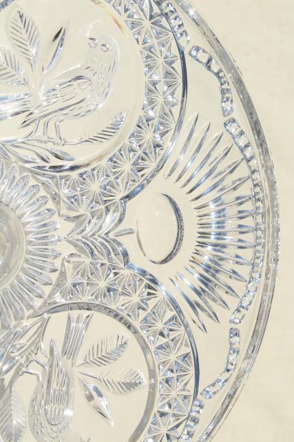 vintage crystal clear glass cake stand, Hofbauer Byrdes cut birds bird pattern