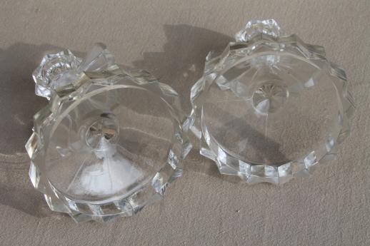 vintage crystal clear glass candle holders, pair of candlesticks w/ deco style fan rays