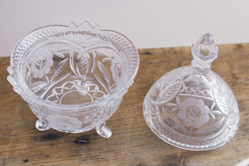 vintage crystal clear glass candy dish, cut flower pattern three toed