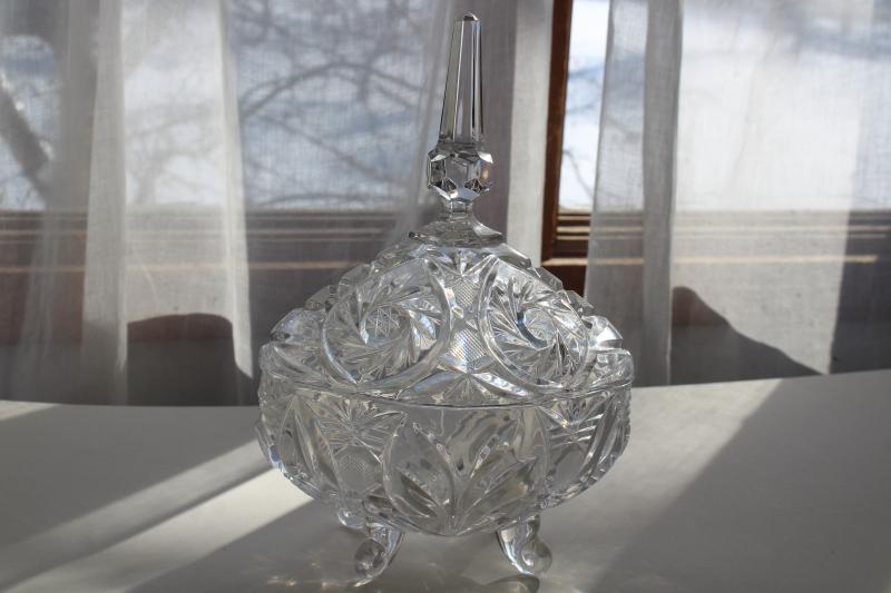 vintage crystal clear glass candy dish, pinwheel pattern four toed bowl w/ lid