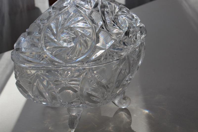 vintage crystal clear glass candy dish, pinwheel pattern four toed bowl w/ lid