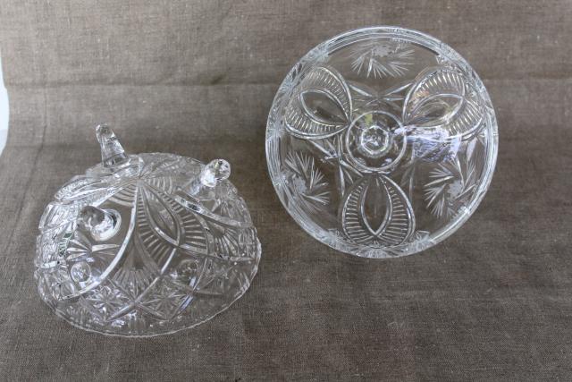 vintage crystal clear glass candy dish, pinwheel pattern three toed bowl w/ lid