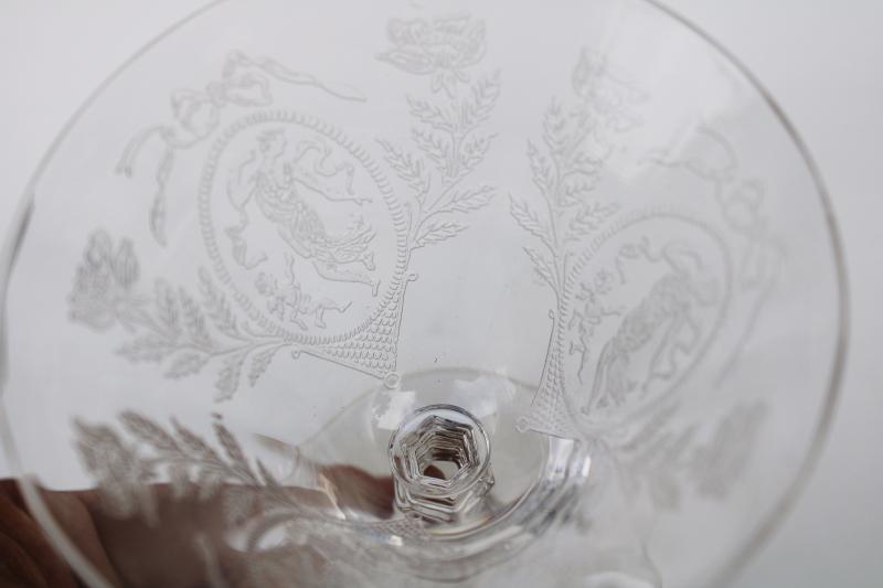 vintage crystal clear glass champagnes, dancing girl, draped nymph lady figure etch