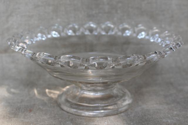 vintage crystal clear glass compote bowl w/ open lace edge, centerpiece vase for flowers