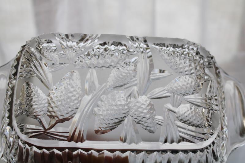 vintage crystal clear glass cranberry dish, pine cone pattern glass tray