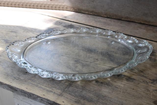 vintage crystal clear glass perfume makeup tray for vanity table, beaded medallion cameo jewel