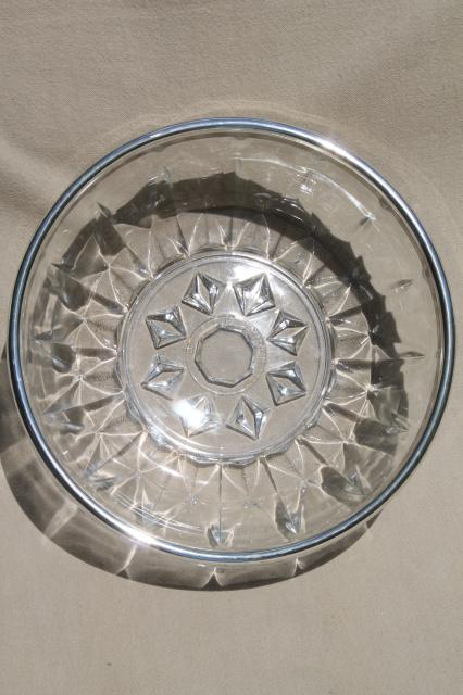 vintage crystal clear glass serving bowl w/ silver rim & silverplate salad servers
