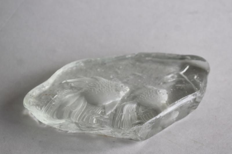 vintage crystal clear ice glass paperweight w/ fish, freeform shape