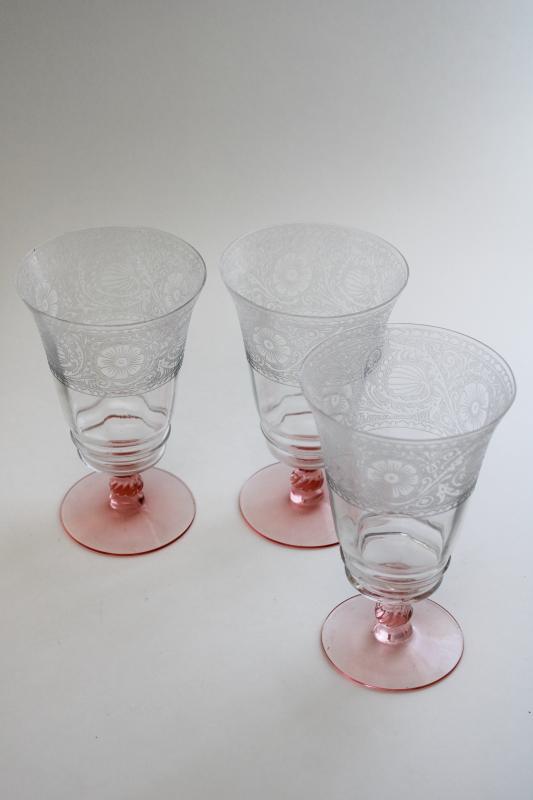 vintage crystal clear / pink stem etched pattern optic footed tumblers iced tea glasses